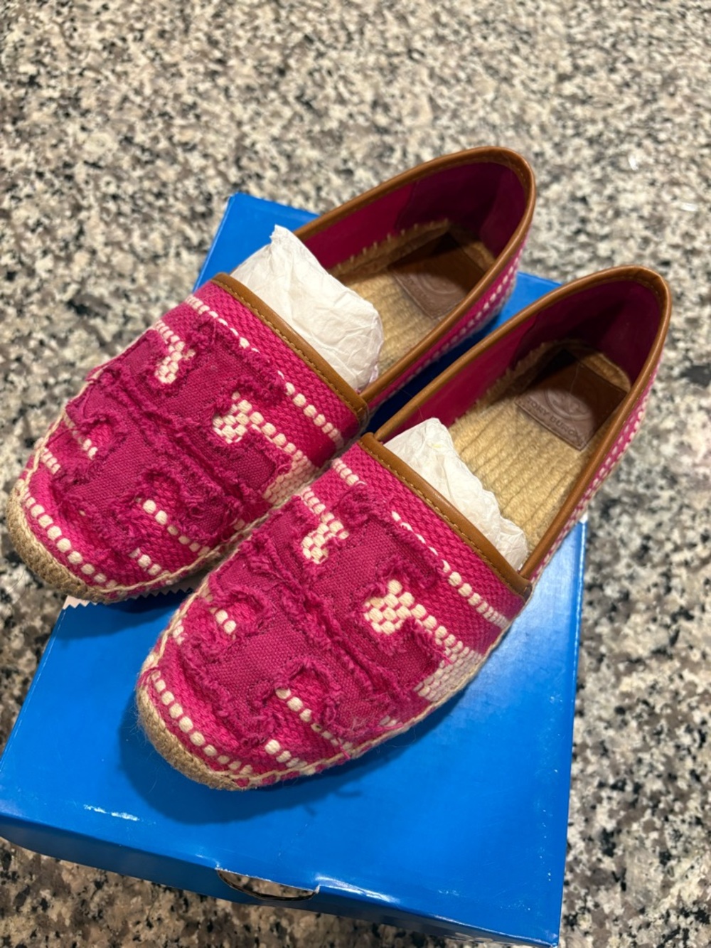 Tory Burch Pink & Tan Woven Espadrille Slip-Ons